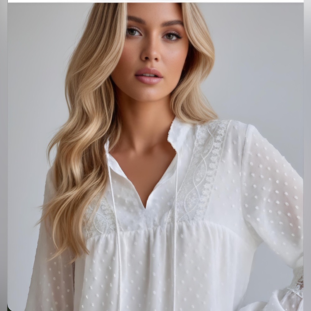 Swiss Dot Embroidery Mesh Insert Lantern Sleeve Tassel Tie Blouse White - Picture 2 of 10
